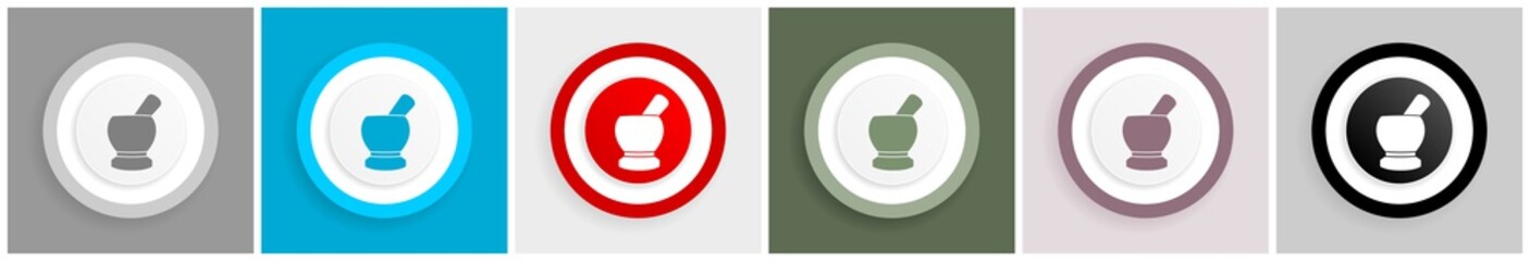 Poster - Mortar, pestle, pharmacy concept icon set, colorful flat design vector illustrations in 6 options for web design and mobile applications