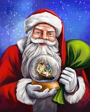 Christmas Story. Santa Claus Is Holding A Christmas Snowglobe, Christmas Night, Mary, Joseph And The Baby Jesus, Son Of God , Art Illustration Painted