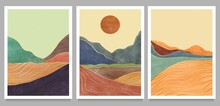 Set Of Creative Minimalist Hand Painted Illustrations Of Mid Century Modern. Natural Abstract Landscape Background. Mountain, Forest, Sea, Sky, Sun And River