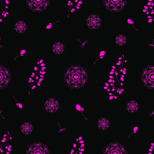 Seamless Pattern With Abstract Pink  Flowers. Vector Illustration. Silhouette With Pink Dandelions And Seeds, Pink Branches And Leaves On A Black Background. Print, Textile Pattern.