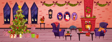 Christmas Living Room Interior With Brick Fireplace, Decorated X-mas Tree, Presents, Armchair. Winter Holiday Background With Santa House Interior. Traditional Indoor Illustration With Gifts, Chimney