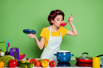 Sticker - Photo retro stylish girl chef prepare veggie soup boil sauce pan try eat ladle table tomato cucumber wear hair rollers dotted yellow dress skirt isolated green color background