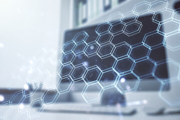 Aufkleber - Creative abstract technology sketch with hexagon grid and modern desk with computer on background, future technology and AI concept. Double exposure