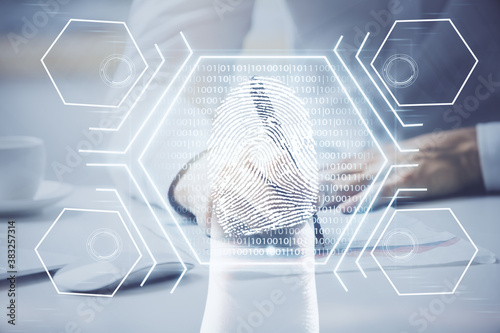 Cuadros en Lienzo Fingerprint scan provides safe access with biometrics identification, concept of the future of security and password control through advanced technology