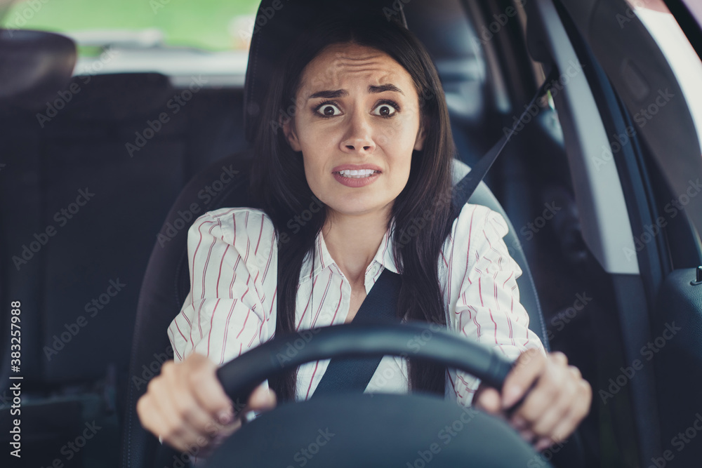 Close-up portrait of her she nice-looking attractive lovely brunette scared emotional girl riding new car early morning traffic jam bad skills lack of experience - obrazy, fototapety, plakaty 