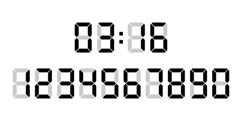 Aufkleber - Digital clock and a set of numbers on a white background. Electronic figures. Digital glowing numbers. Stock vector.