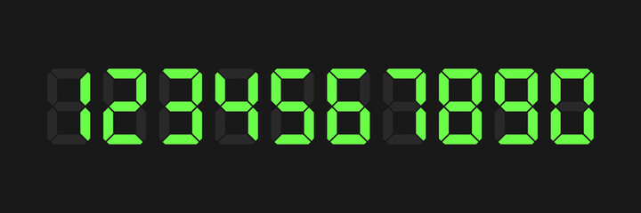 Aufkleber - Digital clock and a set of numbers on a black background. Electronic figures. Digital glowing numbers. Stock vector.