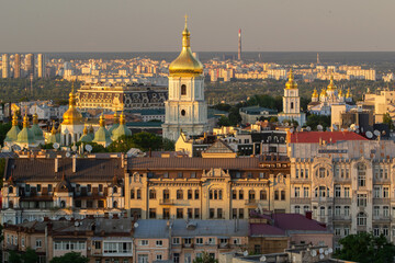 Saint Sophia Cathedral, Kiev. In the foreground - the old town, in the background - Troyeshchina and CHPP-6. Aerial shot