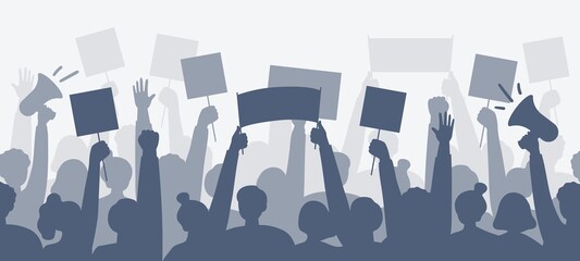 Silhouettes of people with posters, bullhorns. Expression of political, social, personal position. Revolution, demonstration, protest concept. Vector flat illustration. 