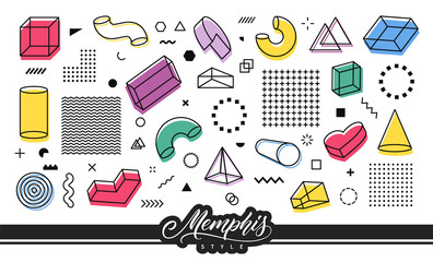 Poster - Retro elements in Memphis style for use in graphic design. Set of simple geometric shapes.