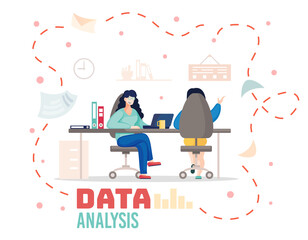 Fototapete - Vector flat design illustration of two working business women sitting in the office at the table with laptop and discuss project in front of each other. Business concept of teamwork data analysis.