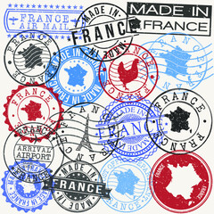  France Set of Stamps. Travel Passport Stamp. Made In Product. Design Seals Old Style Insignia. Icon Clip Art Vector.