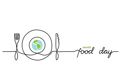 Sticker - World food day holiday concept with earth or globe and plate, knife and fork. Single line art with text Food Day.