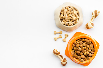 Pet food and dog treats, overhead view