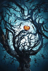 Wall Mural - big mystic tree with halloween pumpkin and skeletons