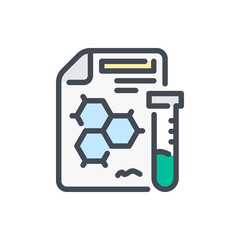 Fototapete - Science report document with formula structure and test tube color line icon. File with molecule formula and laboratory glassware vector outline colorful sign.