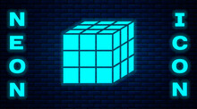 Glowing Neon Rubik Cube Icon Isolated On Brick Wall Background. Mechanical Puzzle Toy. Rubik's Cube 3d Combination Puzzle. Vector.