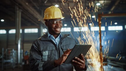 Aufkleber - Professional Heavy Industry Engineer/Worker Wearing Safety Uniform and Hard Hat Uses Tablet Computer