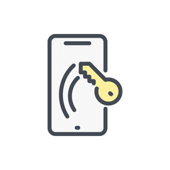 Poster - mobile phone with scratch on the screen color line icon. smartphone with key vector outline colorful