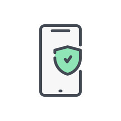 Fototapete - Mobile phone protection and warranty color line icon. Smartphone with shield and check mark vector outline colorful sign.