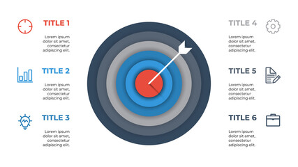 Poster - infographic element layout template with target and arrow concept design, 6 points, options, processes, list, diagram, chart.