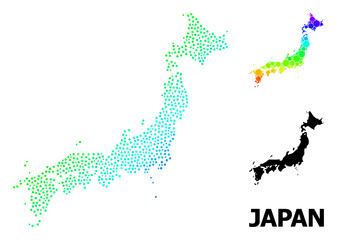 Poster - Pixel spectral, and solid map of Japan, and black text. Vector structure is created from map of Japan with round dots. Illustration is useful for geographic purposes. Bright gradient map of Japan,