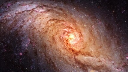 Seamless loop space journey through star field and space storm into NGC 1672 galaxy. Barred spiral galaxy in the constellation Dorado. Elements of this image are furnished by NASA. 4K 3D rendering.