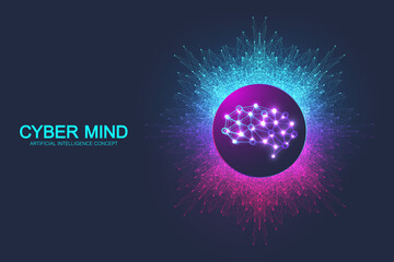 Poster - Cyber mind and Artificial Intelligence concept. Neural networks and another modern technologies concept. Brain Analysis. Futuristic cyber humanoid brain. Big Data stream. Technology vector brain