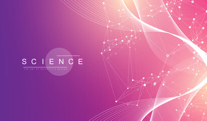 Poster - Big Genomic Data Visualization. DNA helix, DNA strand, DNA Test. CRISPR CAS9 - Genetic engineering. Molecule or atom, neurons. Abstract structure for Science or medical background, banner. Wave flow.
