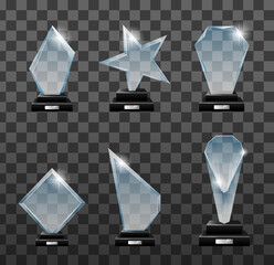 Trophies realistic set. Crystal prizes. Competition winner rewards. Empty glass trophy awards vector set. Glossy transparent trophy for award illustration