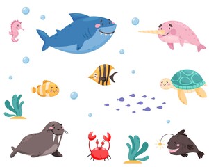 Canvas Print - Sea Animals with Shark and Turtle Floating Underwater Vector Set.