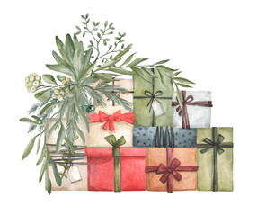 watercolor illustration with colorful christmas gift boxes and foliage. birthday presents, holiday c