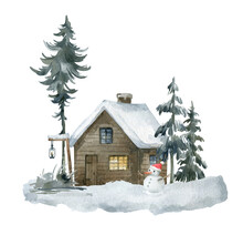House In The Snow With Snowman And Fir Evergreen Tree, Winter Landscape