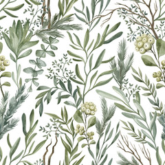 Watercolor seamless pattern with winter leaves, branches, pine, berries. Delicate floral background. Hand drawn botanical print with christmas foliage