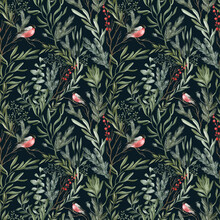 Watercolor Seamless Pattern With Winter Leaves, Branches, Berries, Bullfinch Bird. Delicate Floral Background. Hand Drawn Botanical Print With Christmas Foliage