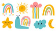 © anya - Scandinavian Print with Cute Smiling Moon, Cloud, Star, Rainbow, Snail, Sun Kawaii Icons Vector illustration for Kids Fashion, Nursery Design, Baby shower Greeting Card.