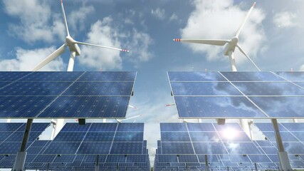 animation with solar panel cells and spinning wind turbines on the eco energy farm. power generators