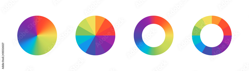Color wheels. Vector isolated elements.Wheel colour spectrum. Circle palette. Multicolored circle flat template.  Stock vector. - obrazy, fototapety, plakaty 