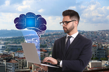 Poster - Young man using laptop with virtual image of brain and cityscape on background. Machine learning concept
