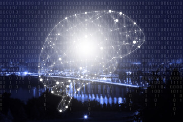 Poster - Illustration of brain and night cityscape on background. Machine learning concept