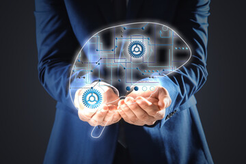 Poster - Businessman demonstrating digital image of brain on dark background, closeup. Machine learning concept
