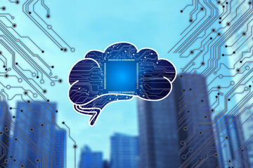 Poster - Illustration of brain with circuit board pattern and cityscape on background.Machine learning concept