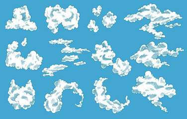 Hand drawn vector clouds set. Vintage retro sky design. Engraved sketch. Abstract doodle clouds. Line art