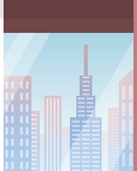 Wall Mural - Skyscraper building in city space view from the window. Vector design modern urban landscape city life illustration with house facades. Industrial constructions with apartments and office premises