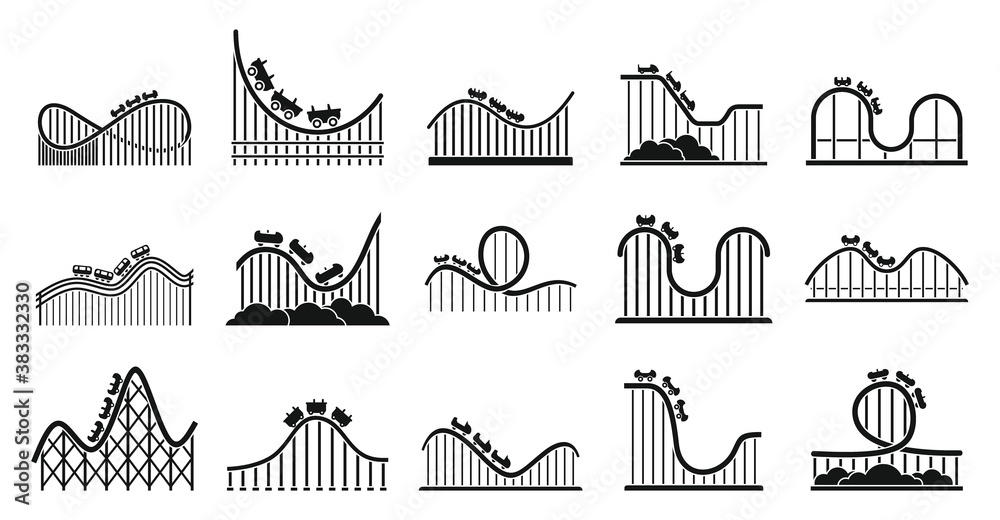 Roller coaster park icons set. Simple set of roller coaster park vector icons for web design on white background - obrazy, fototapety, plakaty 