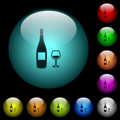 Wall Mural - Wine bottle and glass icons in color illuminated glass buttons