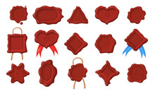 Wax Seals Set. Dark Red Stamps Of Different Shapes, Heart, Rectangle, Circle, Hexagon, Triangle In Antique Style. Vector Illustrations Collection For Tag, Certificate, Map Or Scroll Design