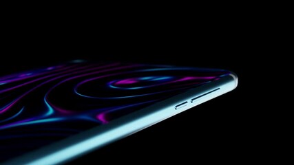 Poster - Realistic mockup of smartphone on black background. Cell phone with an abstract neon glowing moving image on display. Spectacular ad or presentation of premium product. 3D animation mobile device