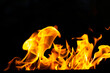 Night fire flame, orange flare fiery wave black background. Flames from the fire