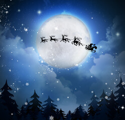 Wall Mural - Magic Christmas eve. Santa with reindeers flying in sky on full moon night